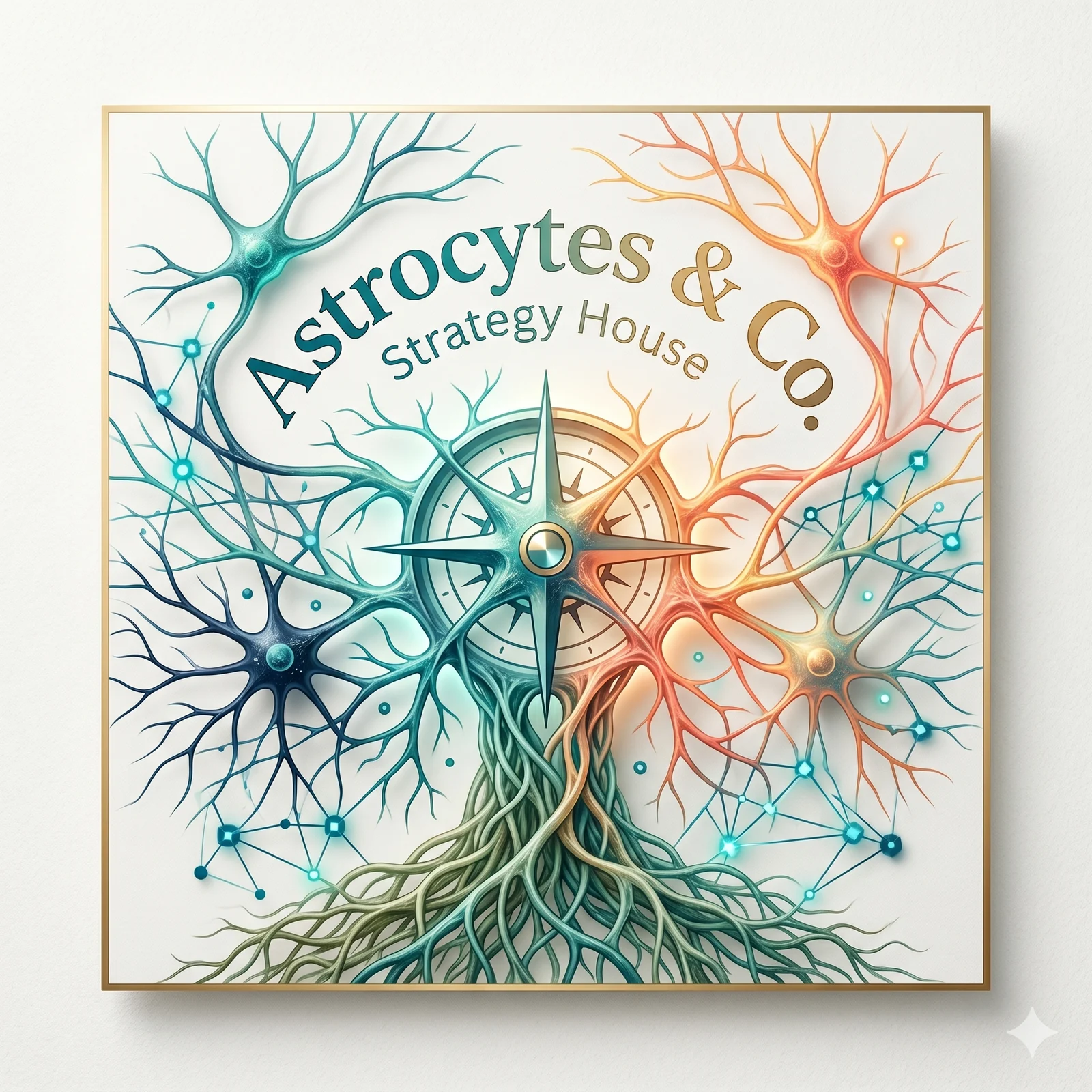 Astrocytes & Co. brand mark with astrocytes, compass, mycelial roots, and digital network.
